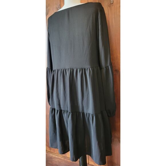 Roly Poly Women L Black Empire Waist Dress Balloon Sleeve Tiered Hem RP10853 - Picture 8 of 11